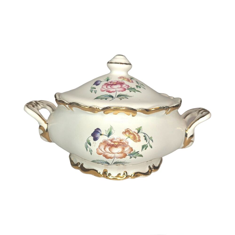 Floral Pattern White Porcelain Sugar Bowl Or Jelly Jam Bowl Gold Trim With Lid
